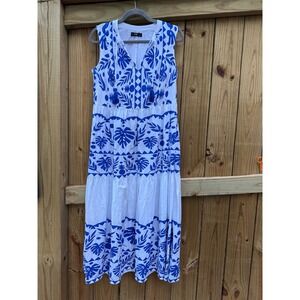 F&F Women's Blue White Maxi Dress Sleeveless Floral Tassel Summer Casual